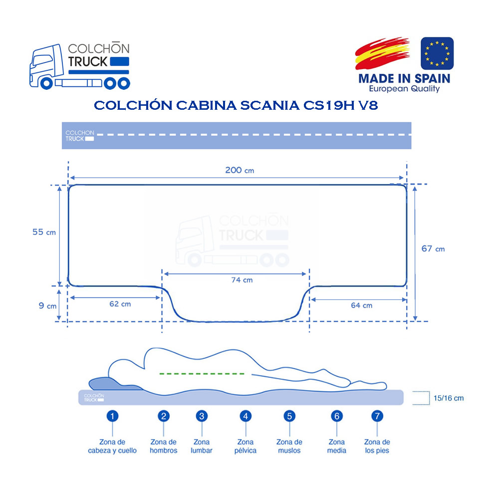 tecnico medidas colchon cabina camion scania cs19h v8 desenfundable descanso truck