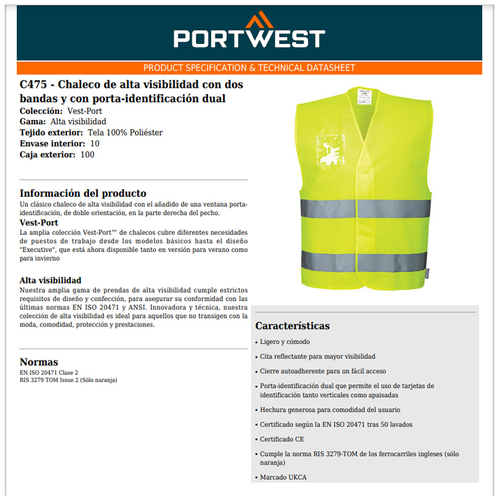 chaleco port west amarillo alta visibilidad poliester camion truck