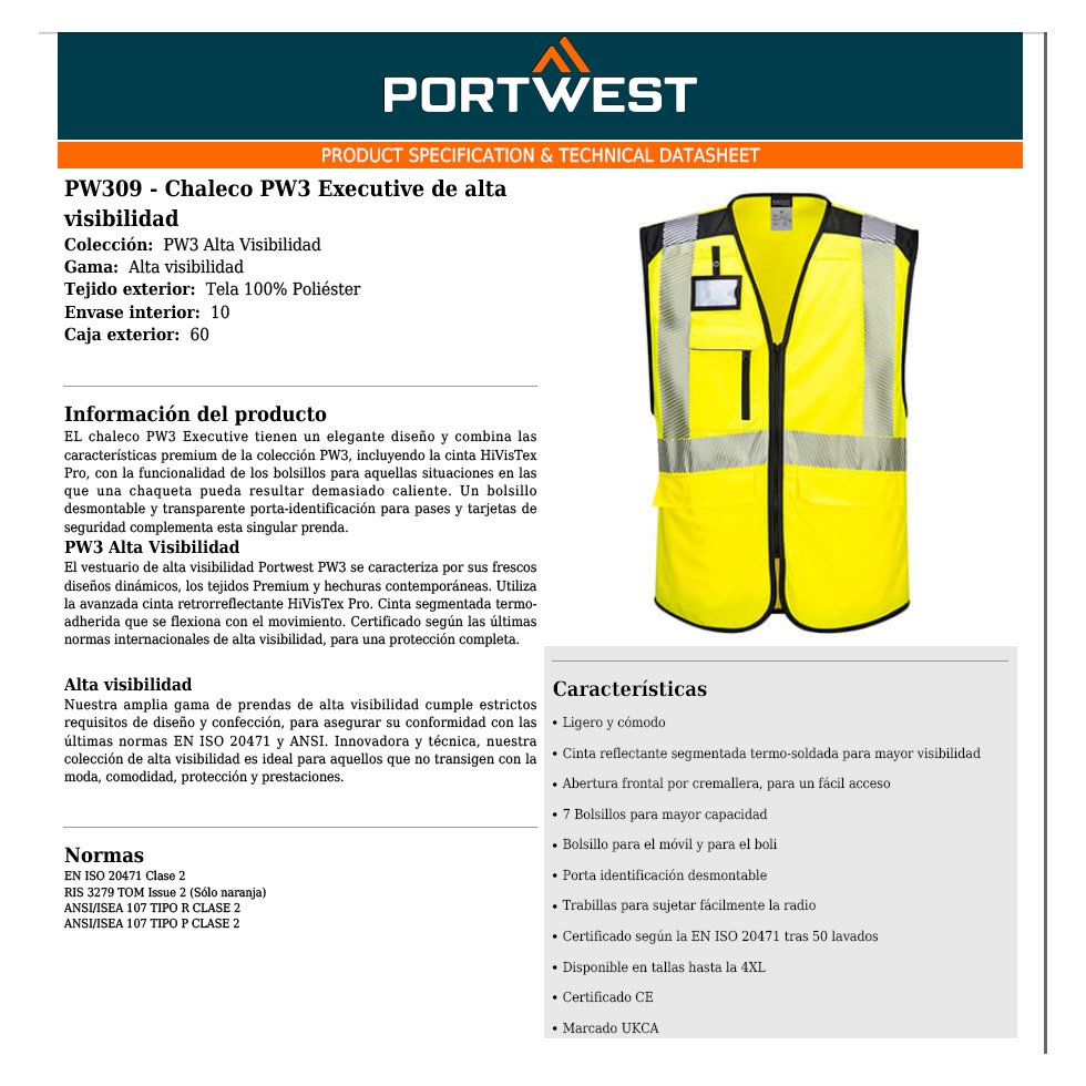chaleco port west executive alta visibilidad comodidad camion truck poliester